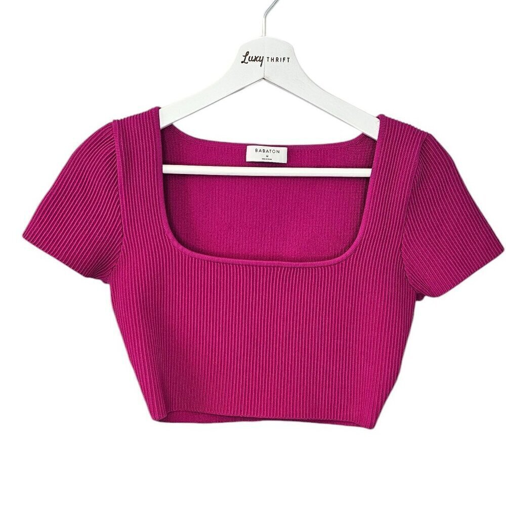 Aritzia Babaton Sculpt Knit Crop Short Sleeve Shirt, Ribbed, Square Neck, Medium